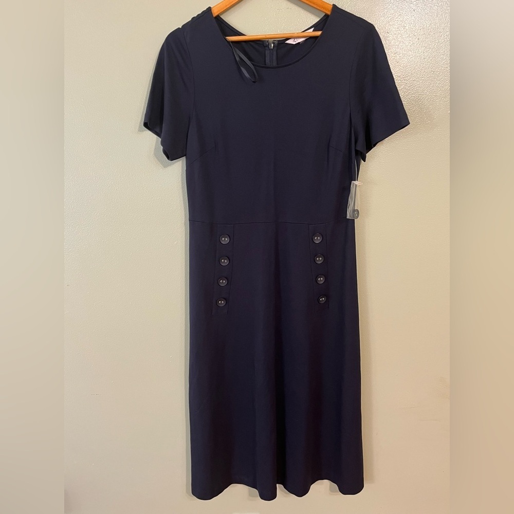 Nannete  Elegant Navy Nylon Blend Jersey Knit Button-Detail Dress Midi M New